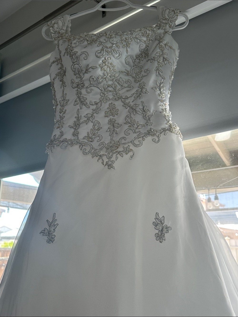 Mary's Bridal White Strapless Gown with Silver Beading